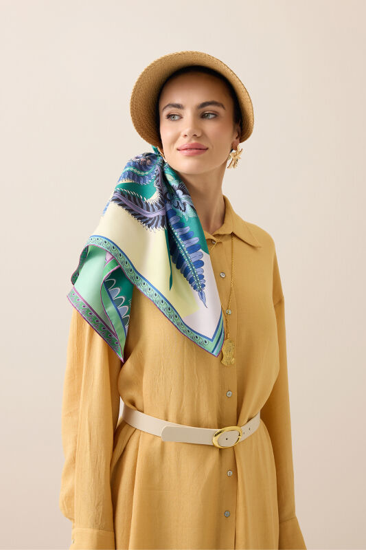 Date Palm Tree Turquoise-Yellow Double-Sided Twill Silk Scarf - 5