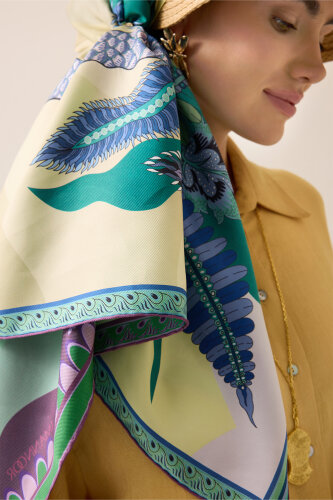 Date Palm Tree Turquoise-Yellow Double-Sided Twill Silk Scarf - 3