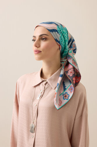 Dere Gülü Mercan-Mint Çift Taraflı Tivil İpek Eşarp 94x94 - Imannoor (1)