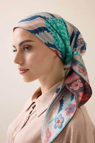 Dere Gülü Mercan-Mint Çift Taraflı Tivil İpek Eşarp 94x94 - Imannoor (3)