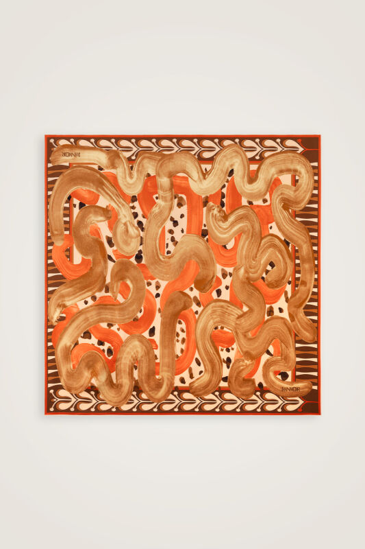 Dere Yolu Bej-Turuncu Tivil İpek Eşarp 90x90 - 2