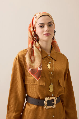 Dere Yolu Bej-Turuncu Tivil İpek Eşarp 90x90 - 5