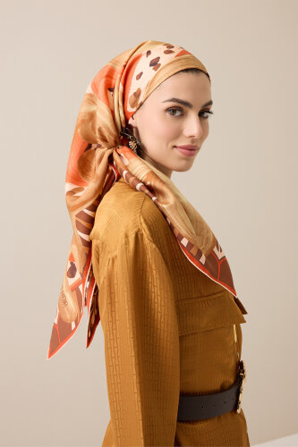 Dere Yolu Bej-Turuncu Tivil İpek Eşarp 90x90 - Imannoor (3)