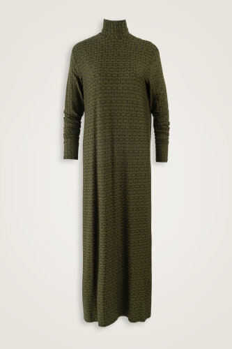 Dokuma Noor Haki Boğazlı Penye Elbise - Imannoor