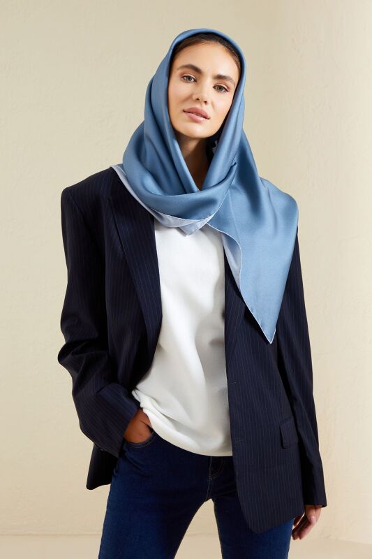 Double Sided Twill Silk Scarfl Blue - 6