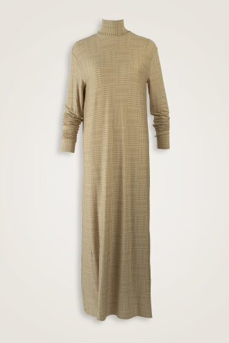 Duble I Bej Boğazlı Penye Elbise 