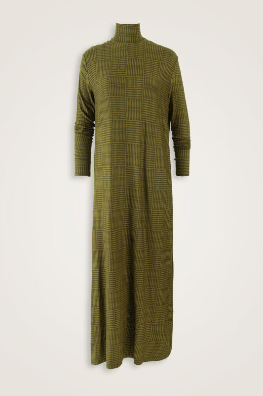 Duble I Haki Boğazlı Penye Elbise - 1