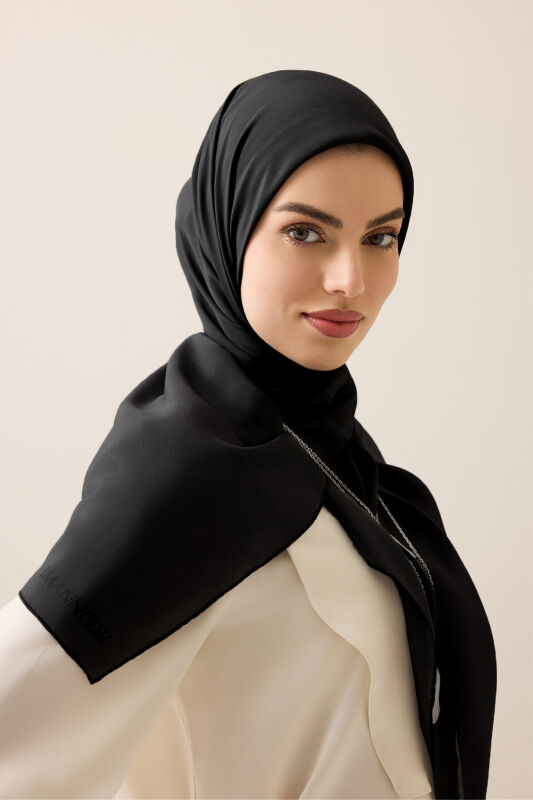 Düz Renk Siyah Krep İpek Eşarp 110x110 - 1