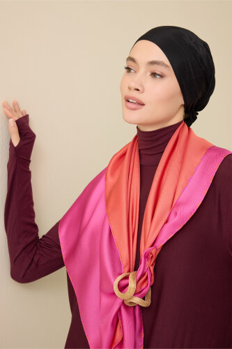Düz Renk Turuncu-Fuşya Çift Taraflı Mulberry İpek Eşarp 94x94 - Imannoor (1)