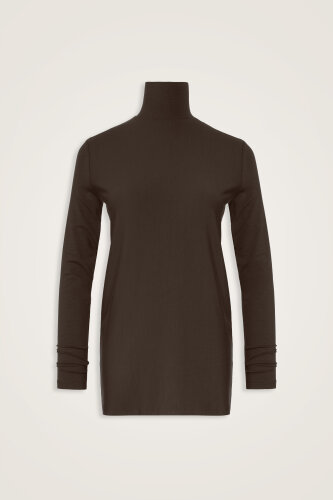 Düz Renk Koyu Kahve Uzun Penye Bluz - Imannoor