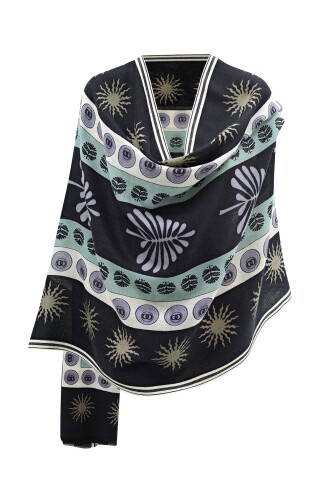 Eye Flower Wool Shawl Black - 4