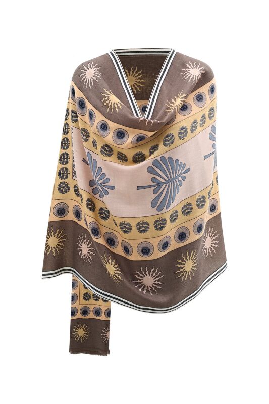 Eye Flower Wool Shawl Khaki - 5