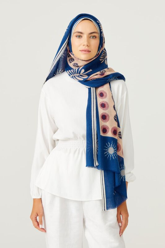 Eye Flower Wool Shawl Navy - 2