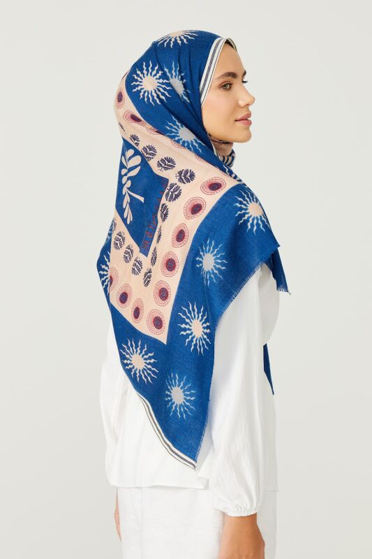 Eye Flower Wool Shawl Navy - 4