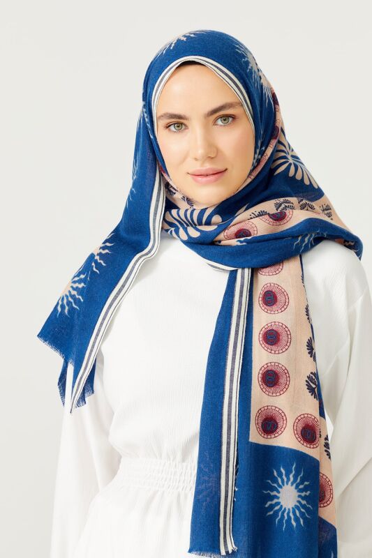Eye Flower Wool Shawl Navy - 6