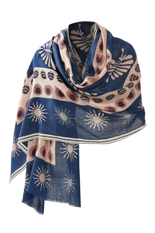 Eye Flower Wool Shawl Navy - 7