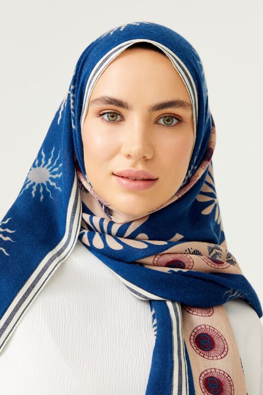 Eye Flower Wool Shawl Navy - 8