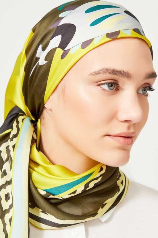 Fancy OO Sarı Krep İpek Eşarp - 4