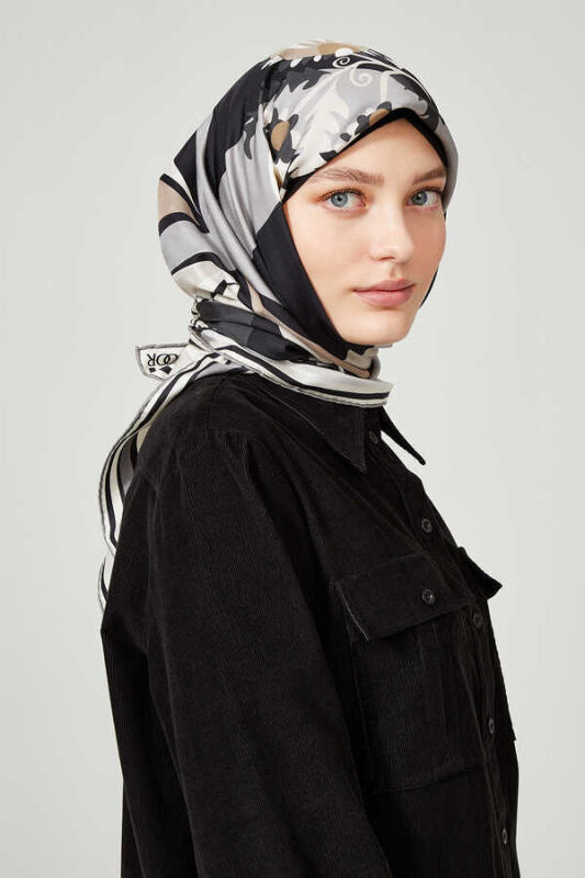 Fancy OO Siyah Tivil İpek Eşarp - 2