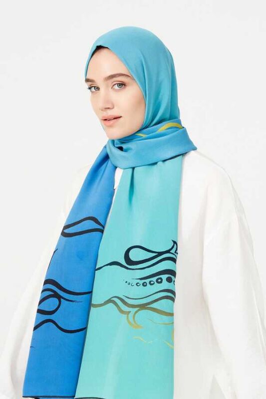 Fish and Bird Silk Shawl Blue - 4