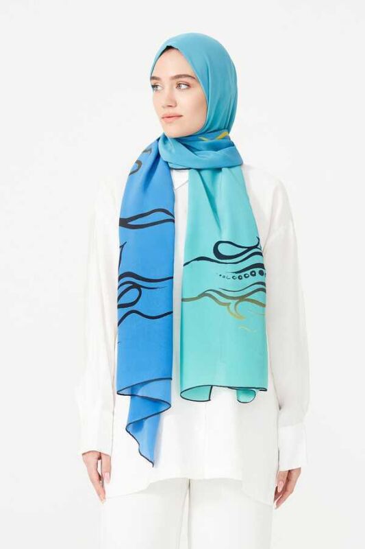 Fish and Bird Silk Shawl Blue - 2