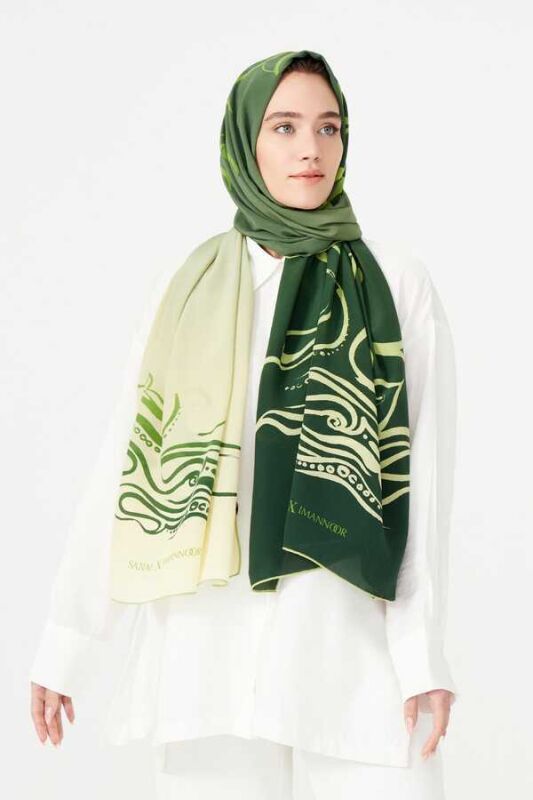 Fish and Bird Silk Shawl Green - 4