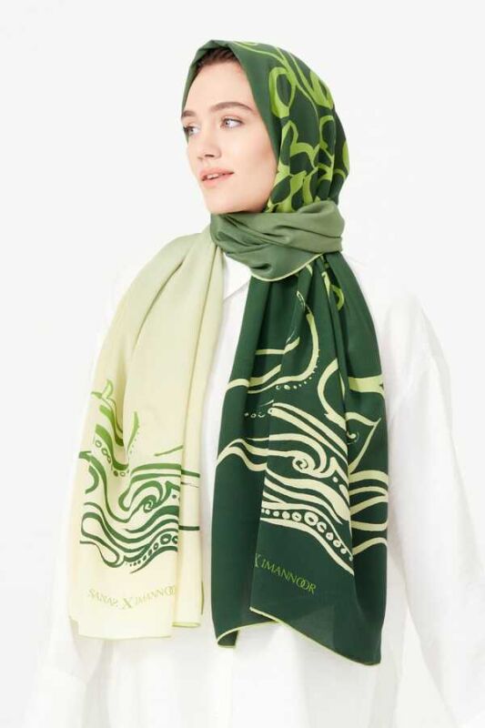 Fish and Bird Silk Shawl Green - 2