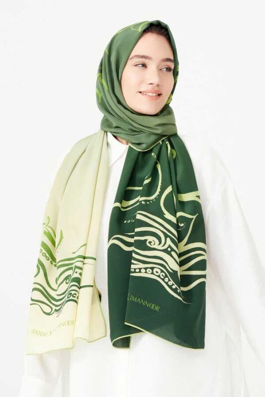 Fish and Bird Silk Shawl Green - 6