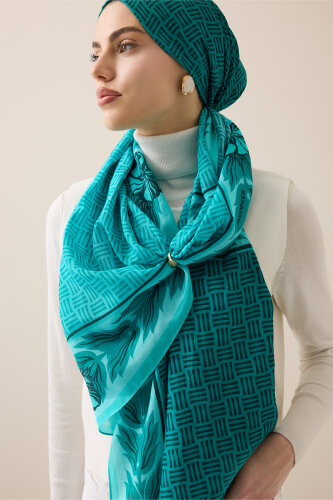 Four Seasons Turquoise Cotton Floss Scarf - Imannoor