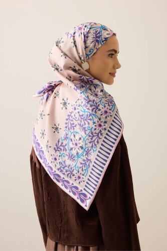 Garp Çiçeği Vizon-Pembe Tivil İpek Eşarp 90x90 - 5