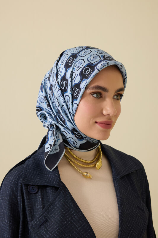 Girdap Mavi Tivil İpek Eşarp 95x95 - 5