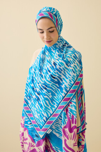 Göl Kenarı Mavi Krep İpek Kaftan Şal 70x210 