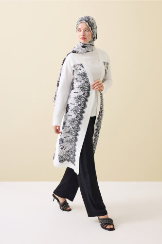 Gül Dantel Beyaz İpek Triko Uzun Hırka - Imannoor