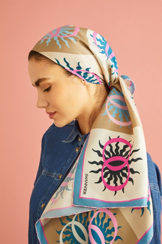 Güneş Monogram Bej Tivil İpek Eşarp - 4