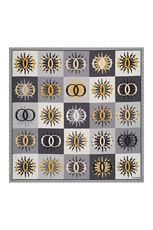 Güneş Monogram Gri Tivil İpek Eşarp - 1