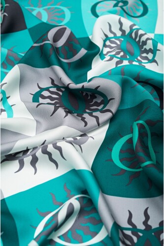 Güneş Monogram Turkuaz Tivil İpek Eşarp - 3