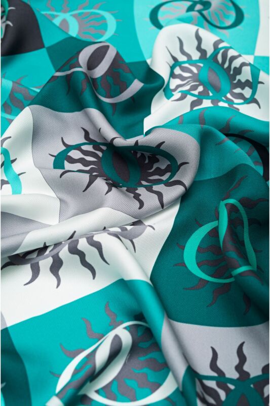 Güneş Monogram Turkuaz Tivil İpek Eşarp - 3