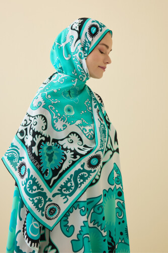 Hayat Turkuaz Krep İpek Kaftan Şal 70x210 - Imannoor