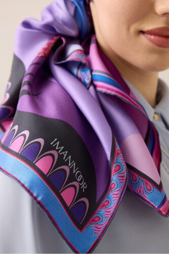 Hurma Ağacı Mavi-Fuşya Çift Taraflı Tivil İpek Eşarp 94x94 - 3