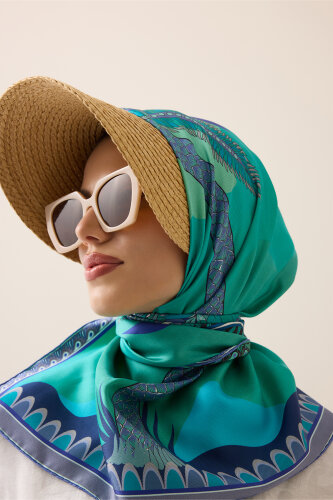 Hurma Ağacı Yeşil-Turkuaz Çift Taraflı Tivil İpek Eşarp 94x94 