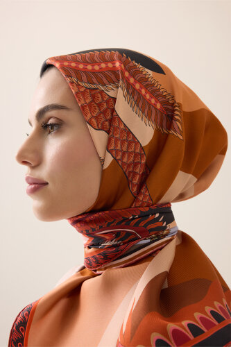 Hurma Ağacı Bej-Turuncu Çift Taraflı Tivil İpek Eşarp 94x94 - 3