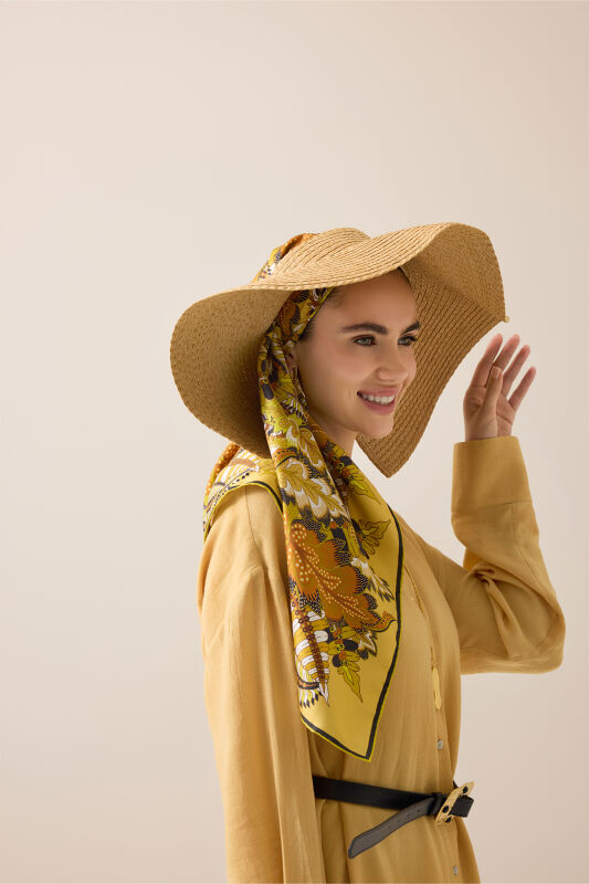 Hurma Dalı Kırmızı-Sarı Çift Taraflı Tivil İpek Eşarp 94x94 - 3