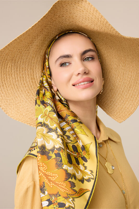 Hurma Dalı Kırmızı-Sarı Çift Taraflı Tivil İpek Eşarp 94x94 - 1