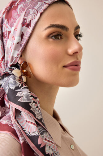 Hurma Dalı Pudra-Bordo Çift Taraflı Tivil İpek Eşarp 94x94 - 3