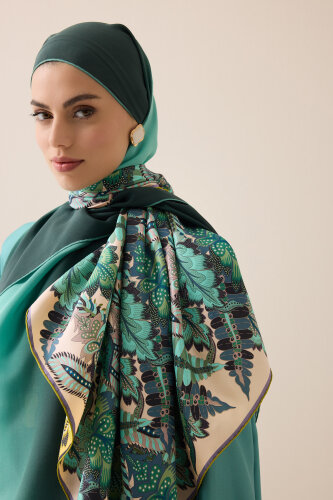Hurma Dalı Turkuaz-Sarı Çift Taraflı Tivil İpek Eşarp 94x94 - Imannoor