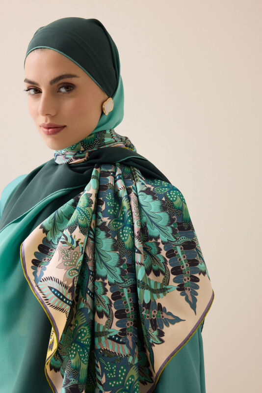 Hurma Dalı Turkuaz-Sarı Çift Taraflı Tivil İpek Eşarp 94x94 - 1