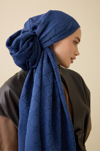 İman I Kafes Lacivert Tencel Pamuk İpek Şal 70x200 - Imannoor