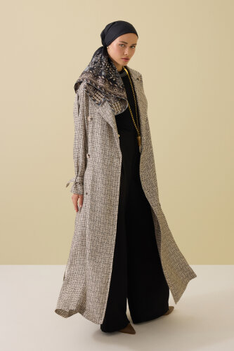  İman Kare Dokulu Bej İpek Trençkot - 3