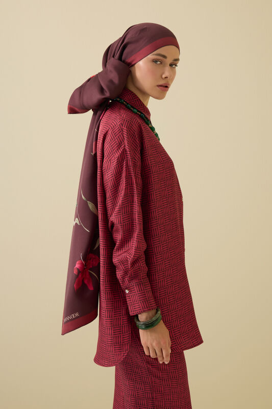 İman Kare Dokulu Bordo İpek Gömlek - 3