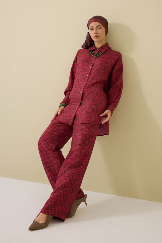 İman Kare Dokulu Bordo İpek Gömlek - 1